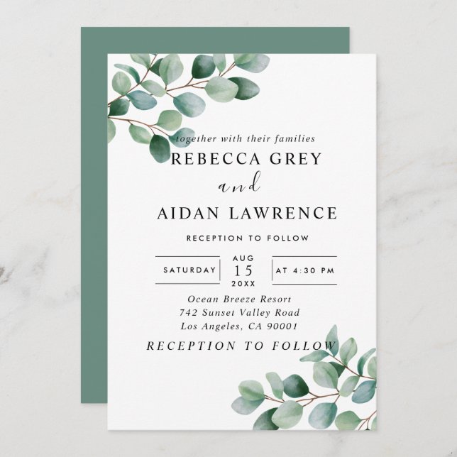 Modern Eucalyptus Greenery Wedding Inbjudningar (Fram/baksida)