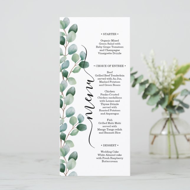 Modern Eucalyptus Greenery Wedding Meny (Stående Fram)