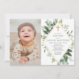 Modern eucalyptus grönt guld baptism foto inbjudningar