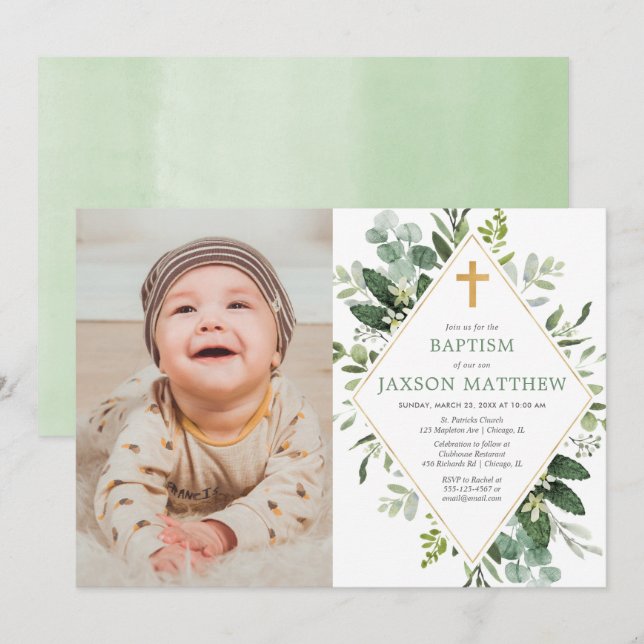 Modern eucalyptus grönt guld baptism foto inbjudningar (Fram/baksida)
