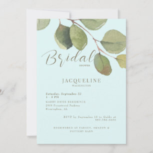Modern Eucalyptus Ice Blue Guld Text Möhippa Inbjudningar