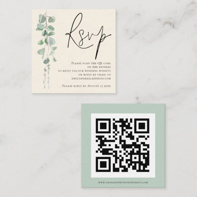 Modern Eucalyptus Ivory Sage QR Bröllop OSA Tilläggskort (Fram/baksida)