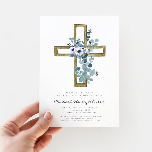 Modern Eucalyptus Kor Religiösa First Communion Inbjudningar (Modern Eucalyptus Cross Religious First Communion Invitation)