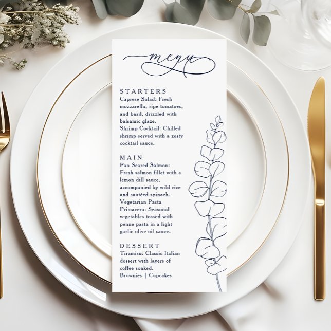 Modern Eucalyptus Navy Blue & White Wedding Dinner Meny (Skapare uppladdad)