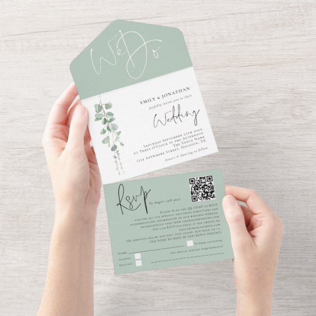 Modern Eucalyptus Script QR Code Bröllop (Avrivbar del)