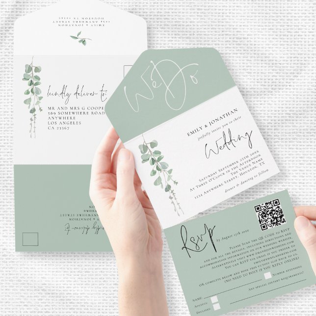 Modern Eucalyptus Script QR Code Bröllop (Cnvenient all in one invitation and rsvp)