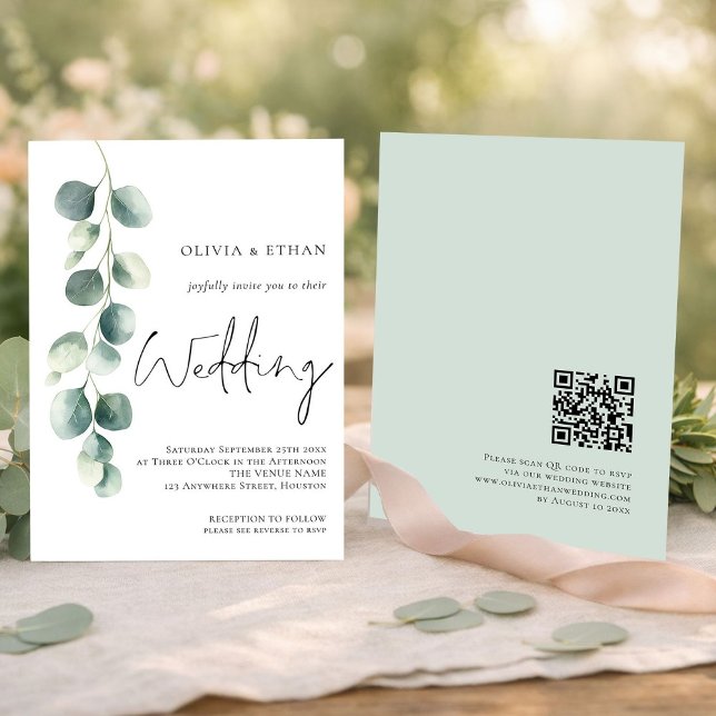 Modern Eucalyptus Script QR-kod Sage Bröllop Inbjudningar (Front and back view)