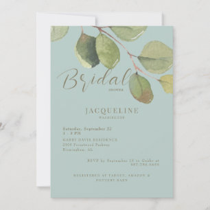 Modern Eucalyptus Seafoam Guld Text Möhippa Inbjudningar
