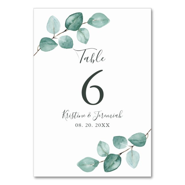Modern Eucalyptus Watercolor Black Script Bröllop Bordsnummer (Framsidan)