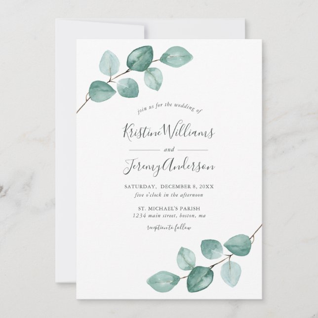 Modern Eucalyptus Watercolor Black Script Bröllop  Inbjudningar (Framsida)