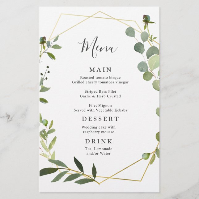 Modern Eucalyptus Watercolor Bröllop Dinner Menu (Framsida)