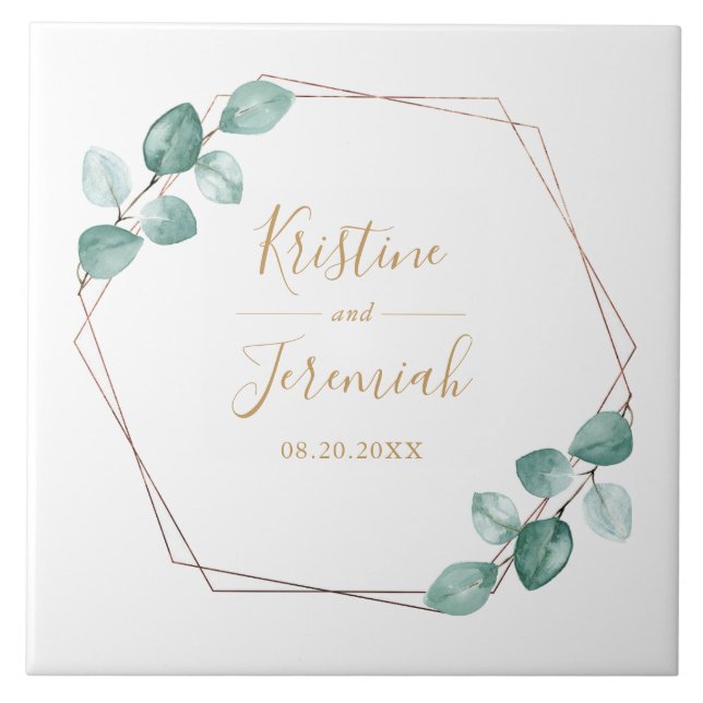 Modern Eucalyptus Watercolor Guld Bröllop Kakelplatta (Framsidan)