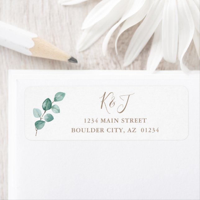 Modern Eucalyptus Watercolor Monogram Bröllop Returadress Etikett (Insitu)