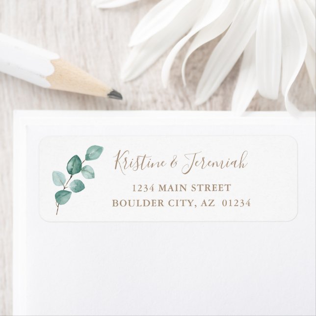 Modern Eucalyptus Watercolor Namn Returadress Etikett (Insitu)