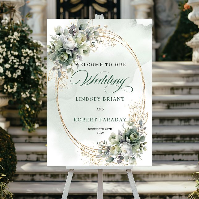 Modern Eukalyptus Bröllop Välkomstskylt Guld Poster (Modern Eucalyptus Wedding Welcome Sign Gold)
