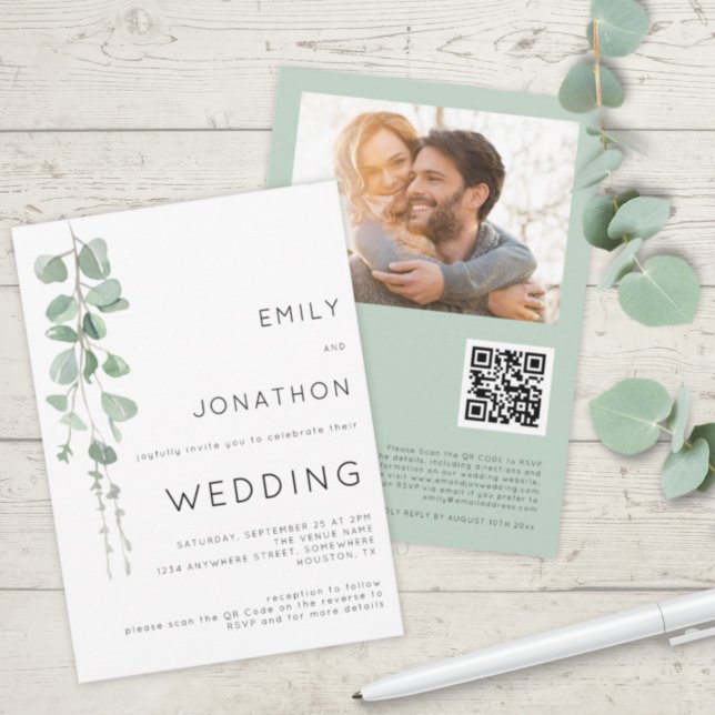 Modern Eukalyptus Foto QR-kod Bröllop Inbjudningar (Skapare uppladdad)