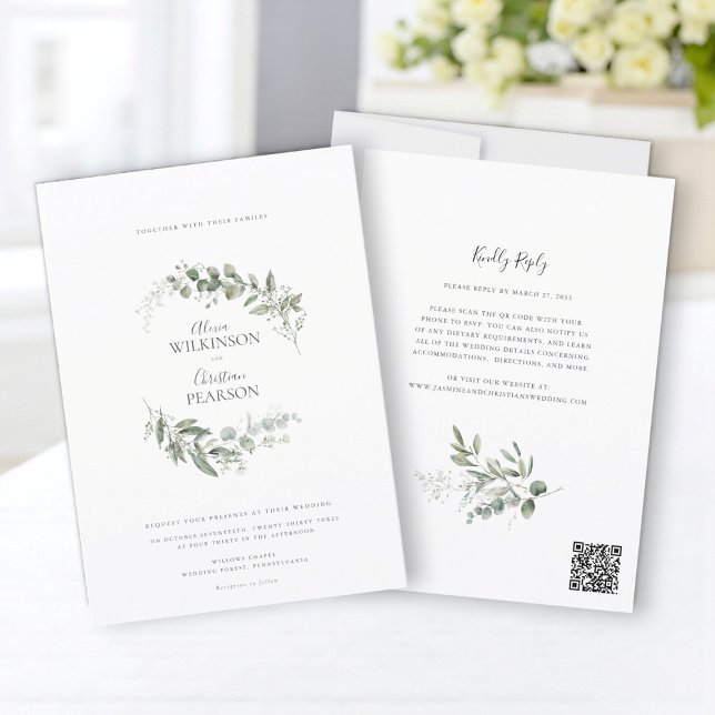 Modern Eukalyptus Grönska Bröllop QR-kod RSVP Inbjudningar (Skapare uppladdad)