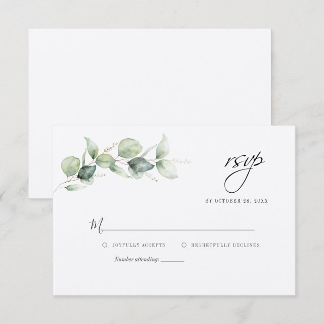 Modern Eukalyptus Grönska Bröllops RSVP-kort Anteckningskort (Fram/baksida)
