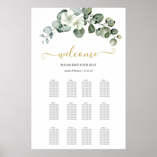 modern eukalyptus grönska bröllops sittplatskarta poster (Framsidan)