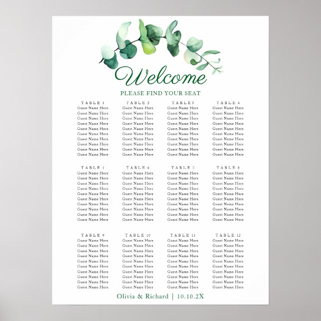 Modern Eukalyptus Grönska Bröllopsställningsdiagra Poster (Framsidan)