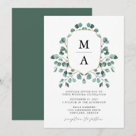 Modern Eukalyptus Grönska Monogram Bröllop Inbjudningar