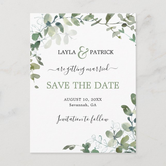 Modern Eukalyptus Grönska Save The Date Vykort (Framsida)