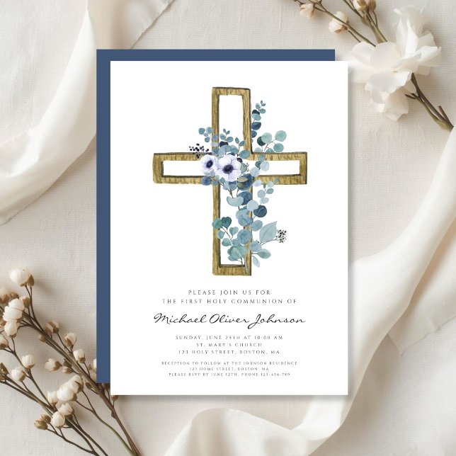 Modern Eukalyptus Kors Religiös Första Kommunion  Inbjudningar (Modern Eucalyptus Cross Religious First Communion Invitation)