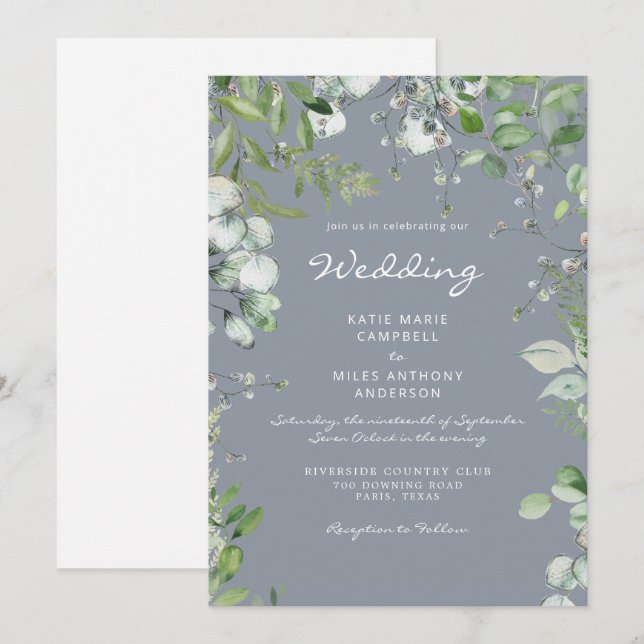 Modern eukalyptus No Parents Dusty Blue Bröllop Inbjudningar (Fram/baksida)