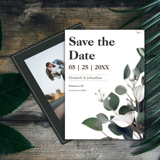 Modern eukalyptus Photo Spara Datumet (Modern Eucalyptus Photo Save the Date)