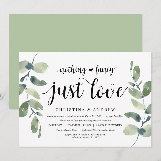 Modern Eukalyptus, Svart bläck, Bröllop Elopement Inbjudningar (Fram/baksida)