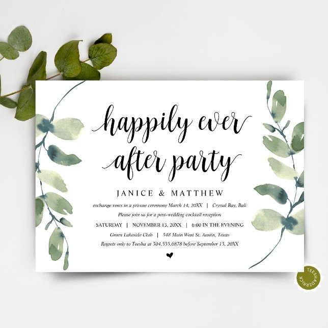 Modern Eukalyptus, Svart, Bröllop Elopement Fest Inbjudningar (Wedding Elopement Party,  Dinner and Dancing Invitation Card, in Modern Eucalyptus Greenery themed)