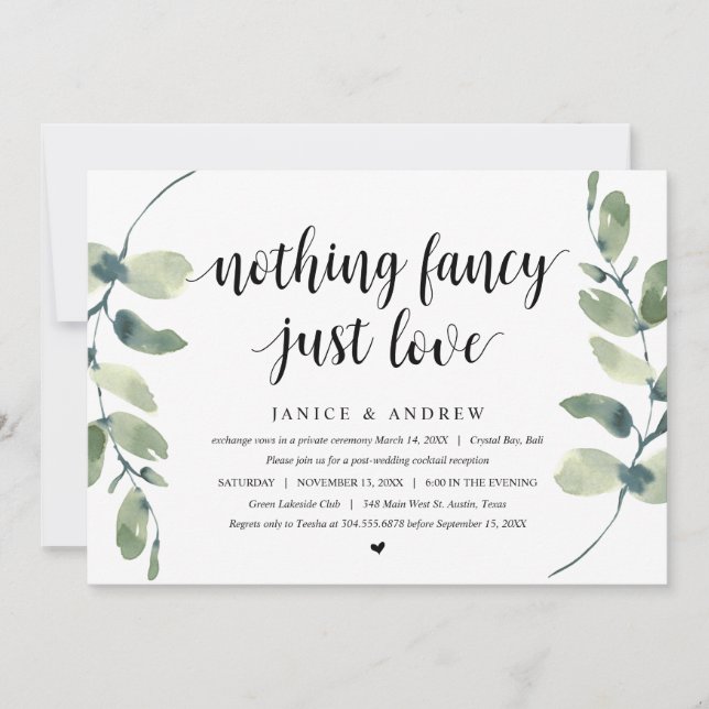 Modern Eukalyptus, Svart, Bröllop Elopement Party Inbjudningar (Framsida)