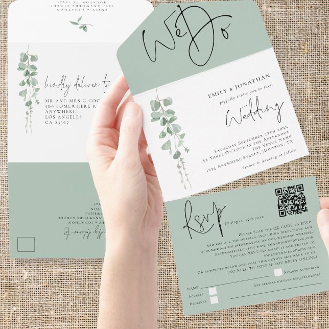 Modern eukalyptus Vi gör QR-koden Bröllop (Convenient all in one invitation and rsvp.)
