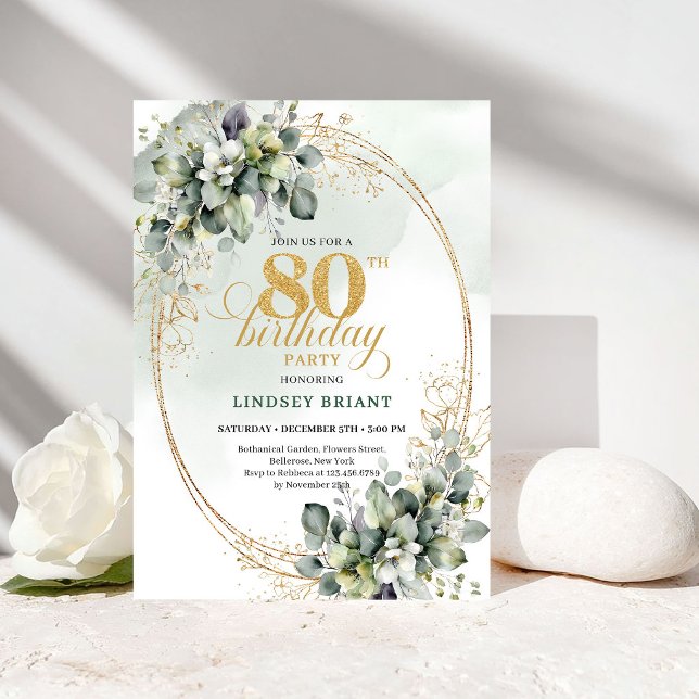 Modern Eukalyptusgrönska 80-års inbjudan (Modern Eucalyptus Greenery 80th Birthday Invite)