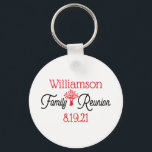 Modern Event Family Träd Reunion Nyckelring<br><div class="desc">Skapa en minnesknapp för nästa familjeåterförening. Modern röd,  vit och svart design med typografi i stil,  har en familj träd med ett hjärta mitten i träd. Lägg till ditt namn och datum för återunionshändelsen.</div>