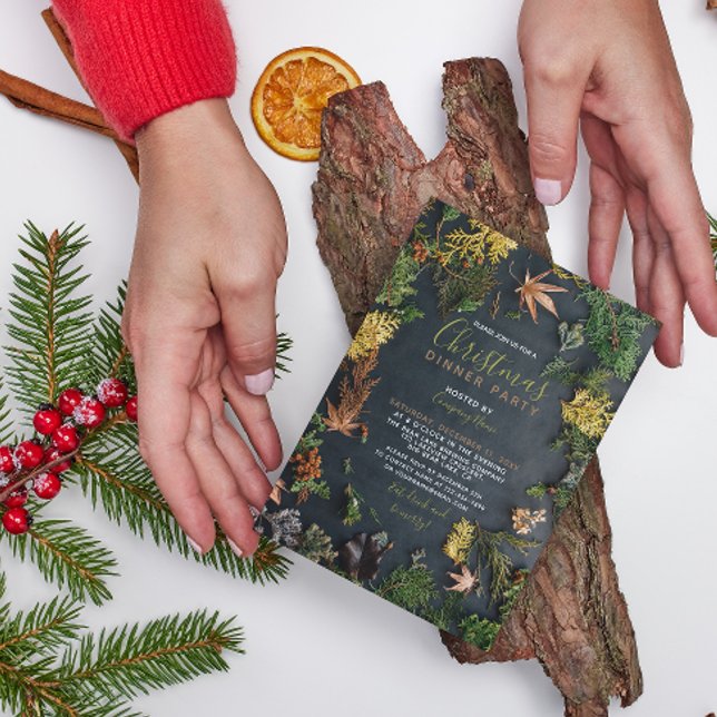 Modern Evergreen Grey Julfest-inbjudan Inbjudningar (Join Our Festive Feast! Christmas Dinner Party Invite 🍽️🎄 [Edit & Send])