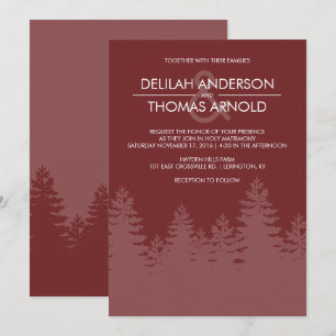 Modern Evergreen Träd Burgundy Winter Wedding Inbjudningar