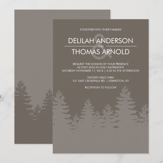 Modern Evergreen Träd Silhouette Winter Wedding Inbjudningar (Fram/baksida)