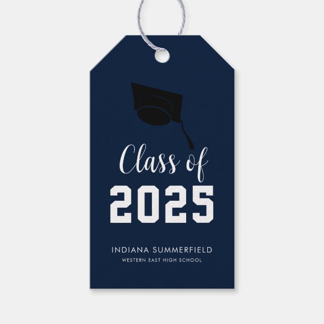 Modern examen 2026 Script Grad Marinblå Presentetikett (Framsidan)