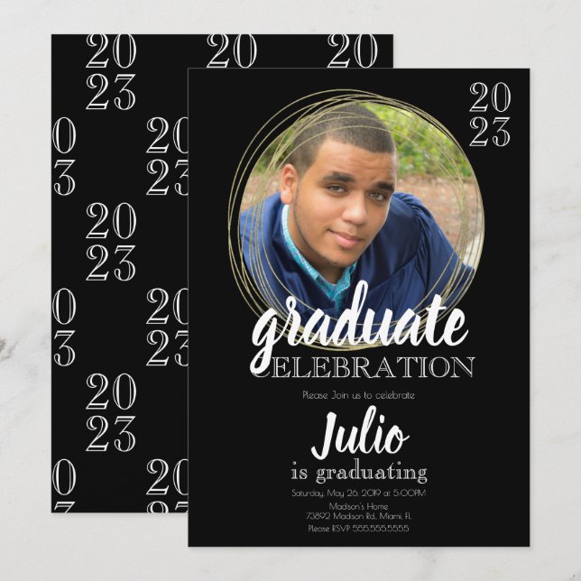 Modern examen firande svart guld inbjudningar (Fram/baksida)