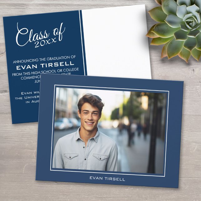 Modern Examen Foto Annonsering - Marinblå Meddelande Vykort (Custom Graduation Announcement)