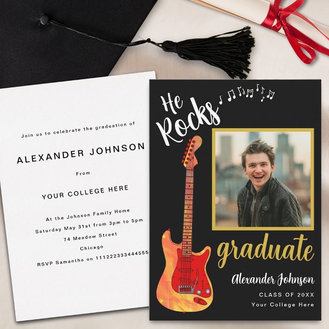 Modern Examen Foto Cool Musik Examenfest Inbjudningar (Modern graduate photo cool flame electric guitar music Graduation party invitation)