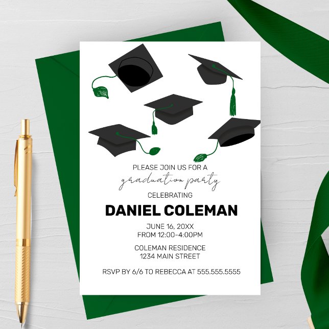 Modern examen hatt kast Examen fest Inbjudningar (Green Tassel Hat Toss Graduation Party invitation)