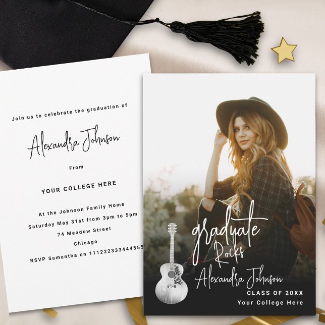 Modern Examen Vertikal Foto Examenfest Inbjudningar (Modern trendy vertical photo country music Graduation party invitation)