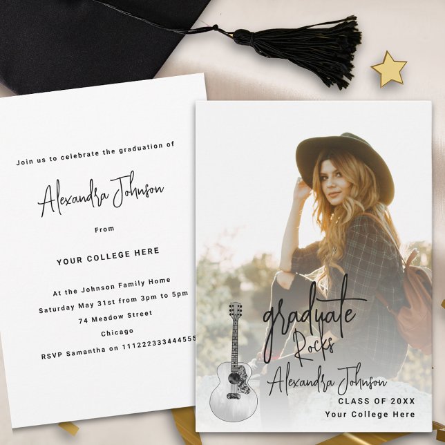 Modern Examenfoto Examenfest Inbjudningar (Modern graduate photo trendy script Graduation party invitation country music guitar illustration)