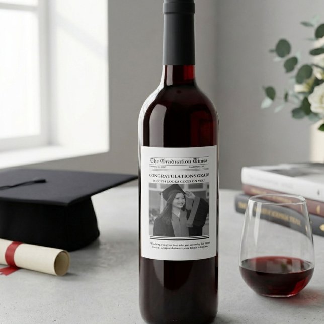 Modern examens tidning gratulationer vinflaska etikett (Skapare uppladdad)