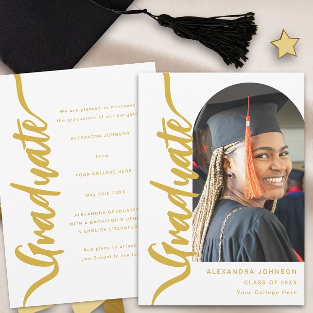 Modern examensfotoarkiv meddelande (Elegant arch photo gold script graduation announcement card Modern stylish chic)