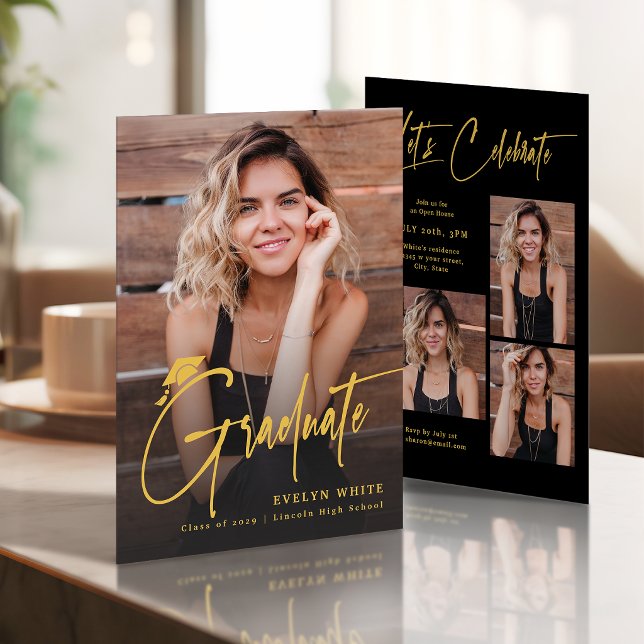 Modern examensmössa skript 4 Foto Enkel examen Inbjudningar (Modern Grad Cap Script 4 Photo Simple Graduation Invitation)