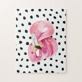 Modern Exotic Rosa Watercolor Flamingo & Dots Pussel