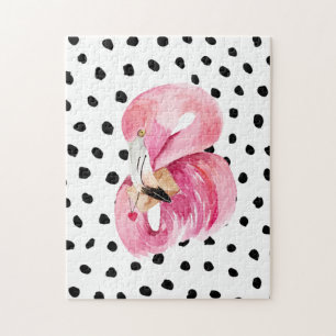 Modern Exotic Rosa Watercolor Flamingo & Dots Pussel